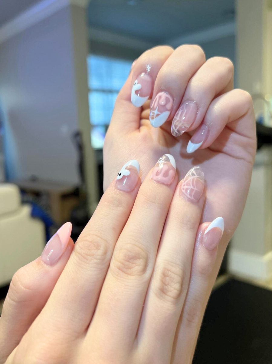 Pink French Manicure with Halloween Ghosts